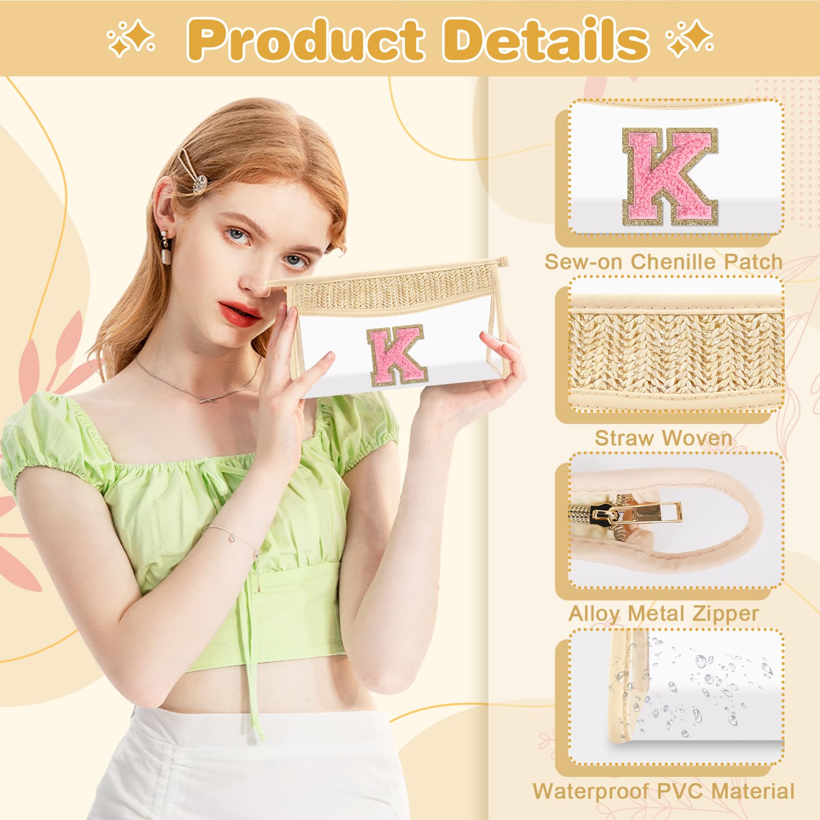 Small Boho Straw Initial Letter Makeup Bag Personalized Gift,Cute Clear Chenille Patch Makeup Bag With Zipper,Trendy TSA Approved Travel Toiletry Bag,Gift for Women Girls Birthday Friend, Letter K