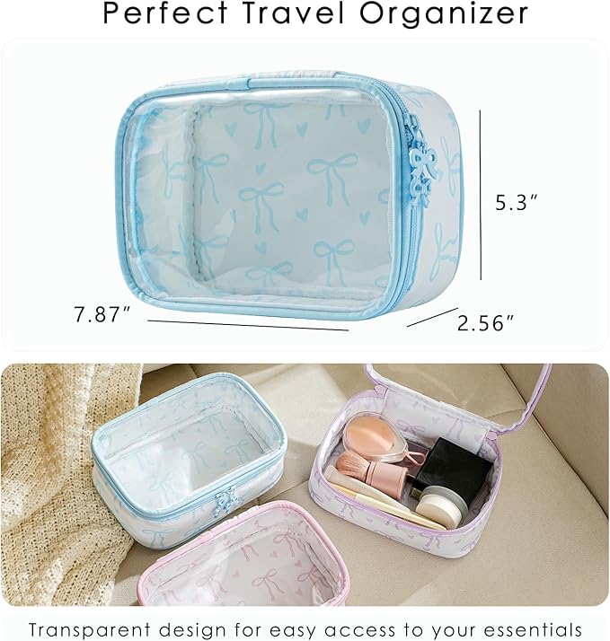 RSRSLEII Cute Clear Makeup Bag with Bow Pattern,Transparent Nylon Travel Cosmetic Case with Zipper,Portable Makeup Organizer Pouch for Essentials(02Blue)
