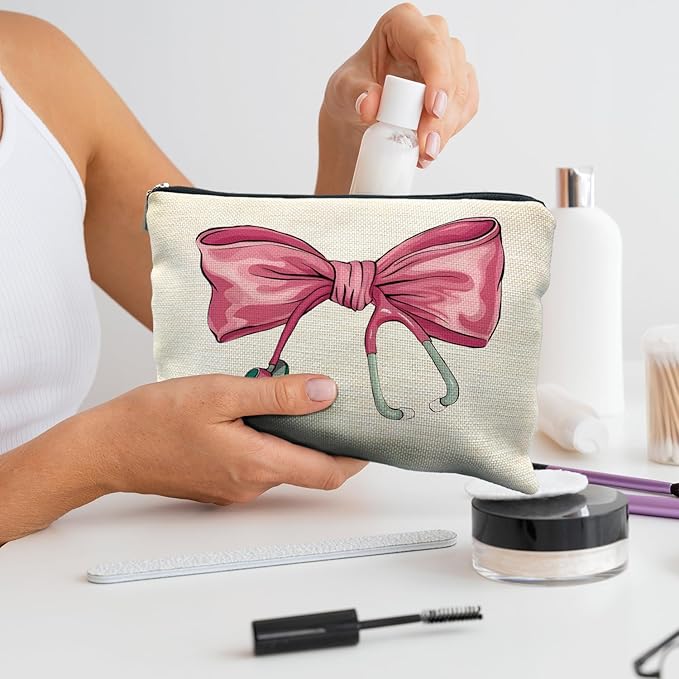 RYYCDOI Pink Coquette Bow Stethoscope Nurse Makeup Bag, Nurse Gifts for Women Cosmetic Bags, Nurse Week Gifts Makeup Pouch, Nurse Appreciation Gifts Zipper Pouch