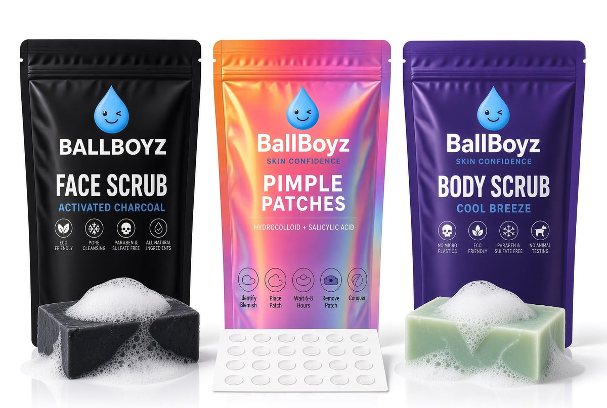 Ballboyz Soap: Gold Pack - Natural Gentle yet Powerful Cleansing to Remove Sweat and Dirt (Activated Charcoal Face Scrub, Cool Breeze Body Scrub, and Mr. Drip Pimple Patches, 1 Count (Pack of 3)