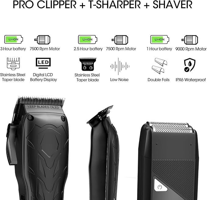 QREEYX Hair Clippers for Men Professional, 7500Rpm Beard Trimmer, IPX6 Waterproof Electric Shavers 3 in 1 Hair Cutting Kit for Men, Cordless Barber Clipper Set with LED Display for Mens Gifts
