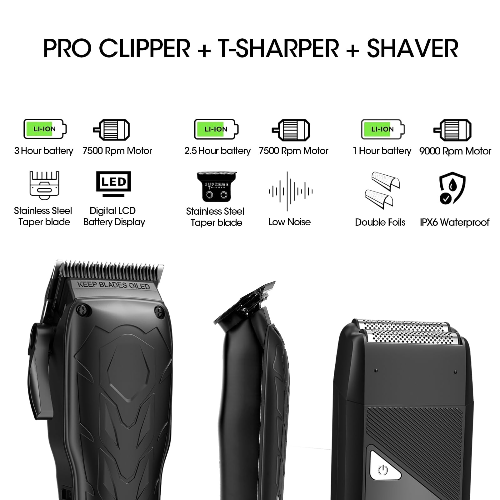 QREEYX Hair Clippers for Men Professional, 7500Rpm Beard Trimmer, IPX6 Waterproof Electric Shavers 3 in 1 Hair Cutting Kit for Men, Cordless Barber Clipper Set with LED Display for Mens Gifts