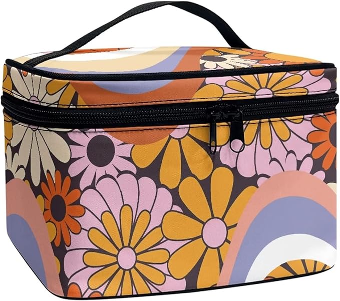 Drydeepin Hippie Daisy 70s 80s Wavy Swirl Design Makeup Bags for Women Large Capacity Toiletry Organizer Bags Portable Tote Cosmetic Pouch with Carry Handle and Brushes Slots Travel Sccessories