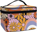 Drydeepin Hippie Daisy 70s 80s Wavy Swirl Design Makeup Bags for Women Large Capacity Toiletry Organizer Bags Portable Tote Cosmetic Pouch with Carry Handle and Brushes Slots Travel Sccessories