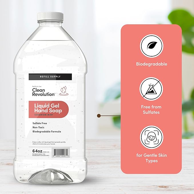 Clean Revolution Liquid Gel Hand Soap Refill with Real Essential Oils – Sulfate-Free Gel Hand Wash, Moisturizing Bulk Refill, Non-Toxic Formula, Made in the USA (Geranium Mint) 64 Fl Oz