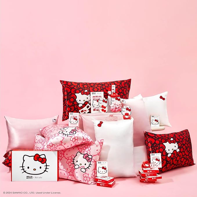 Kitsch x Hello Kitty Satin Pillowcase - Size 19x36, Pink Kitty Faces