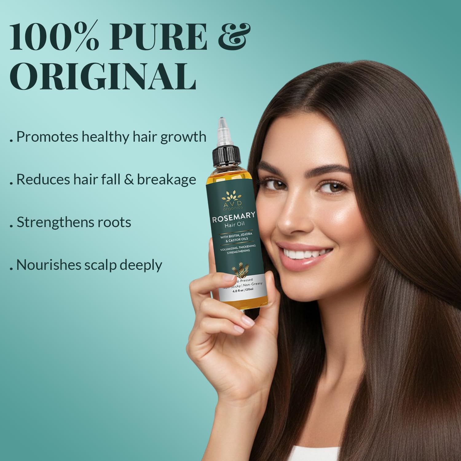 AVD ORGANICS Rosemary Oil for Hair Growth & scalp | Infused with Biotin | Hair Strengthening, Nourishing and Volumizing | infused with Jojoba & Castor Oil | NON - GMO 120ml