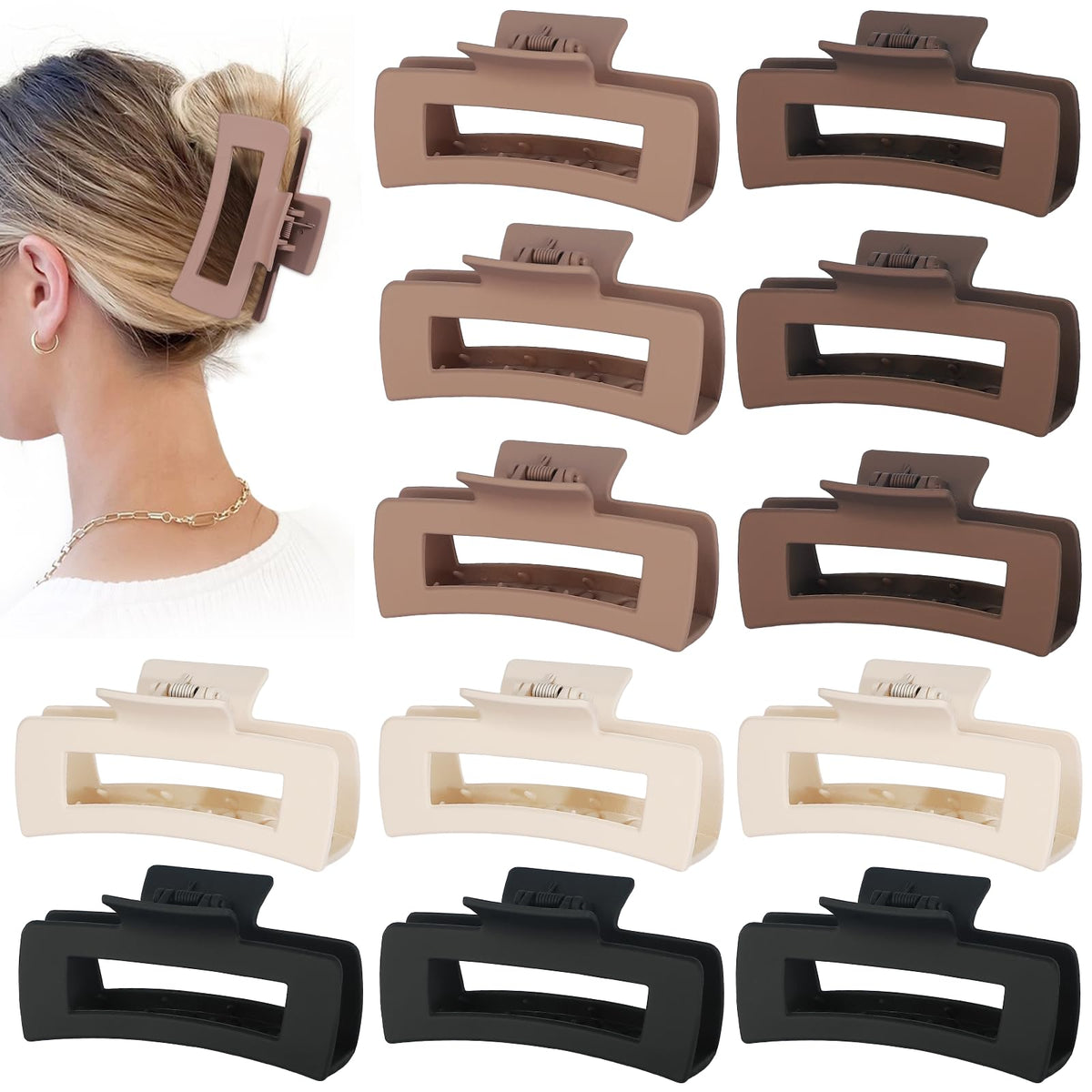 Sisiaipu 4.1 Inch Large Hair Claw Clips 12 Pcs Big Claw for Thick Hair Square Hair Clips Jumbo Jaw Clips Bulk Hair Accessories for women and Girls (Black)