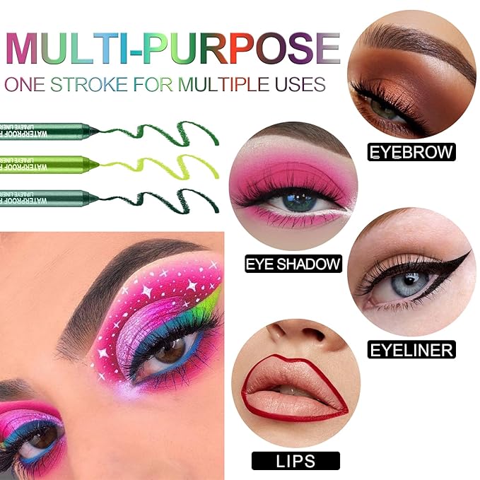 Meilury 3 Colorful Eyeliner Pen Set, Eye Shadow Pencil, Pearl Eyeliner Kit Metallic Glitter Colored Eye liner for Women Eye&Lip Liner Professional Waterproof Eye Makeup (3PCS A)