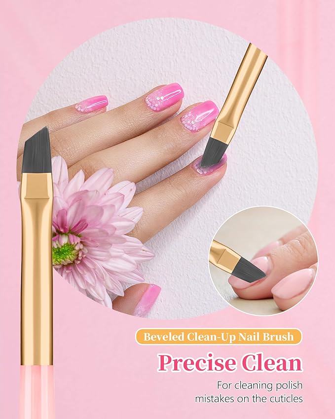 AMilHiTon 3PCS Nail Polish Clean Up Brush, Round/Flat/Angled, Emerald Pink