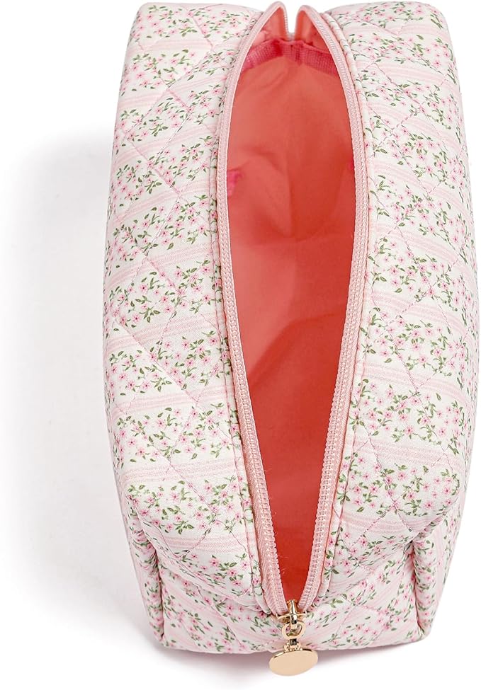 HHQQWZ Makeup Bag Travel Cosmetic Bag for Women Girls, Zipper Make Up Pouch, Floral Flowers Toiletry Organizer Makeup, Portable Storage Cosmetic Travel Cloth Bag (Pink)
