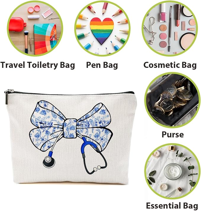 Nurse Gifts, Blue Bow Makeup Bag, Nurse Accessories Funny Cosmetic Bag