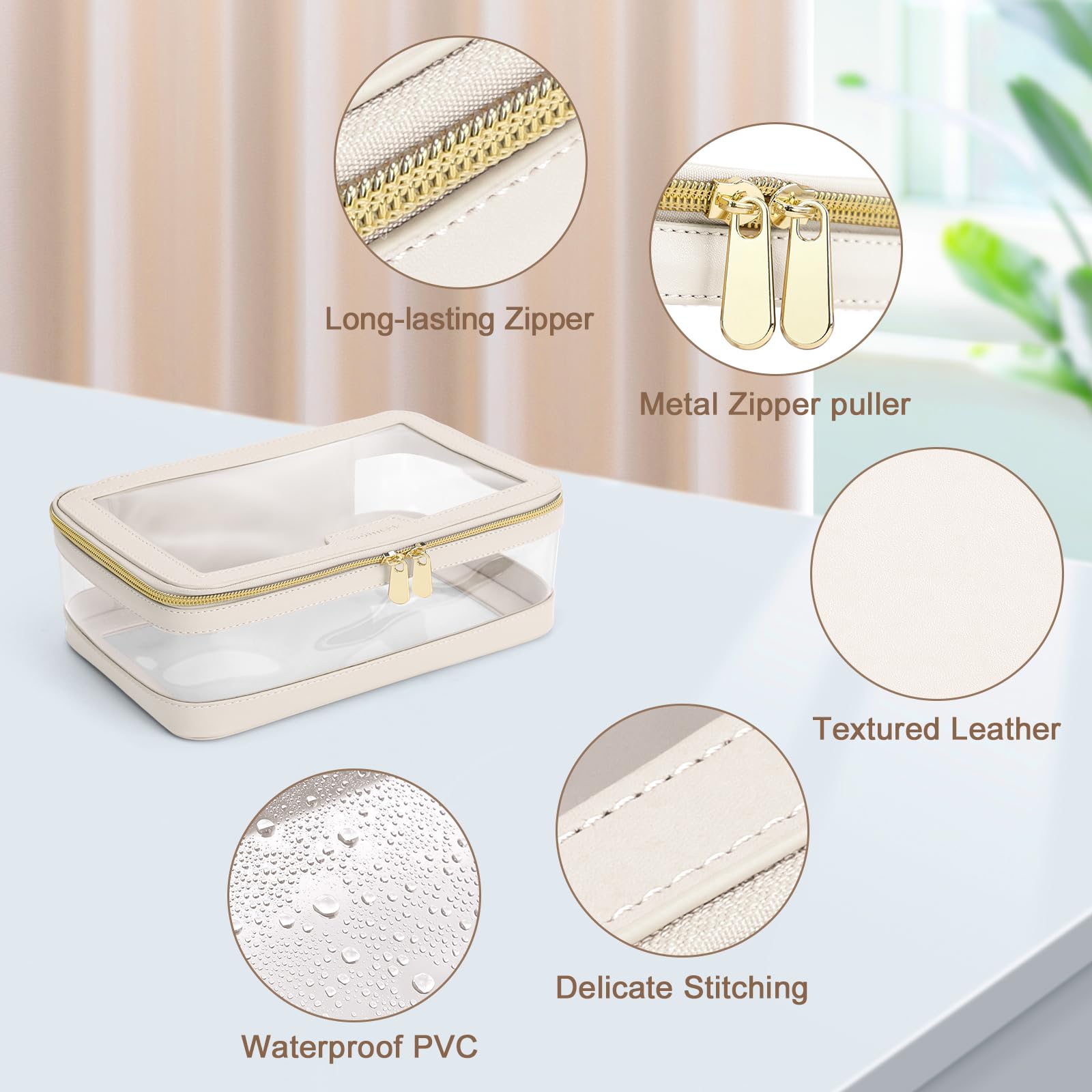 Soimeat Travel Clear Makeup Bag with Makeup Brush Bag, Leather Makeup Case Toiletry Bag, Portable Cosmetic Bag Case, Transparent Waterproof Cosmetic Organizer Storage Bag for Women, Medium, Off-White