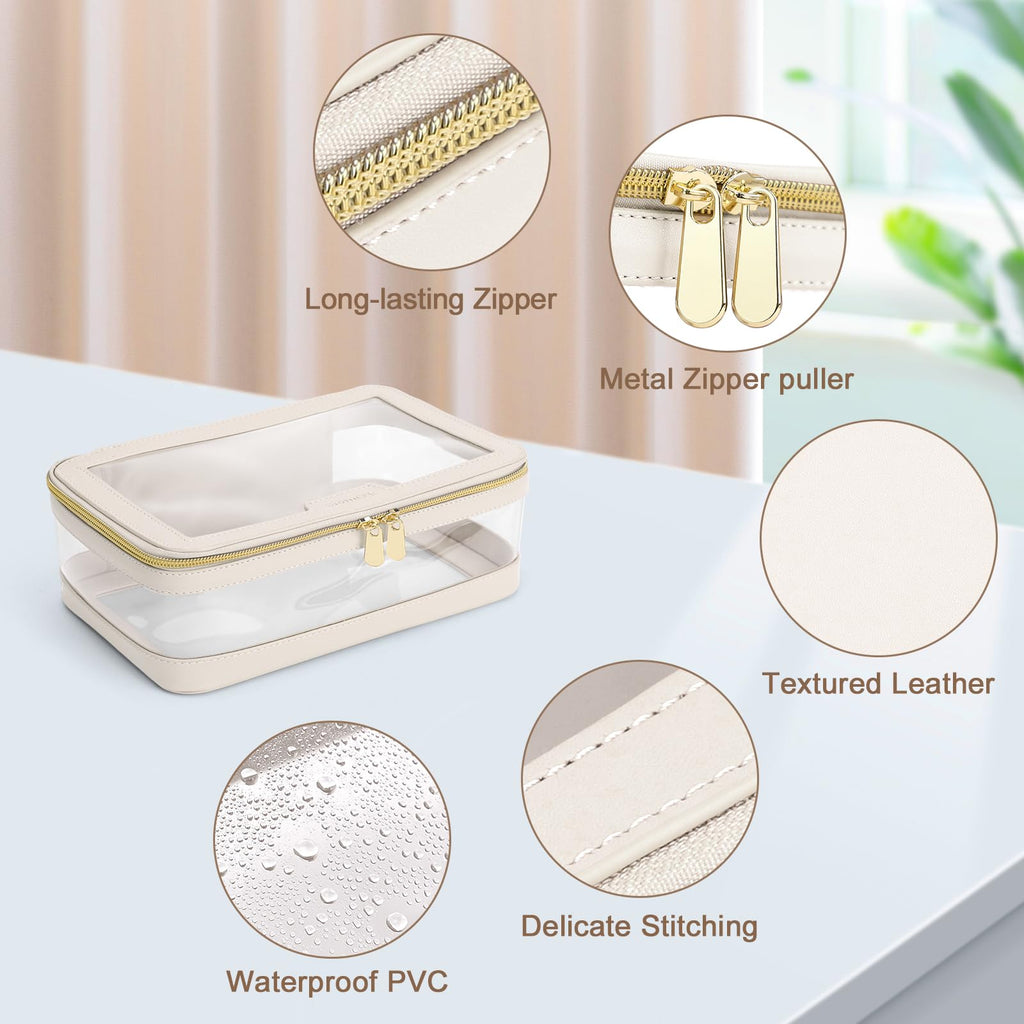 Soimeat Travel Clear Makeup Bag with Makeup Brush Bag, Leather Makeup Case Toiletry Bag, Portable Cosmetic Bag Case, Transparent Waterproof Cosmetic Organizer Storage Bag for Women, Medium, Off-White