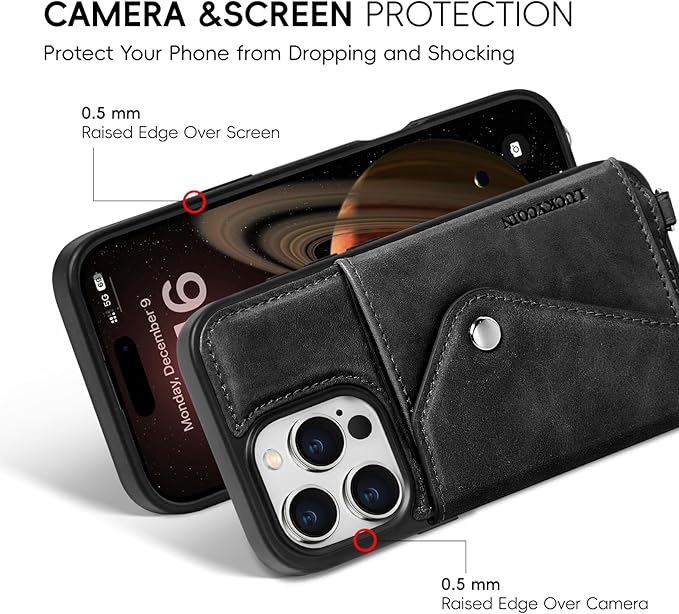 LUCKYCOIN Crossbody Phone Case for iPhone 16 Pro,100% Genuine Leather Phone Wallet Case for Women, Premium Hands-Free Phone Purse with Expandable Flip Card Holder & Adjustable Strap - Retro Black