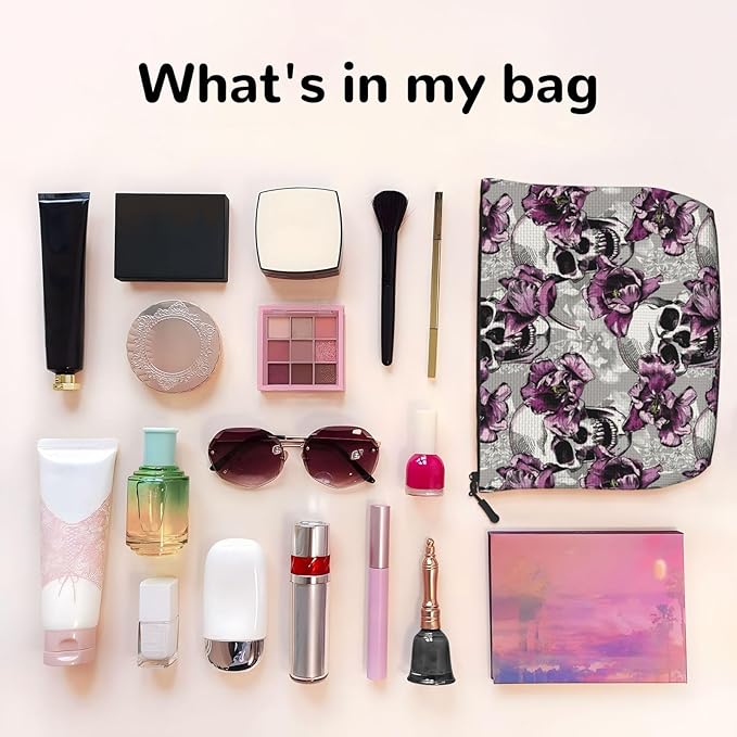 MOLAIGIN Skull Purple Flower Cosmetic Bag For Women, Travel Makeup Bag, Toiletry Zipper Bag, Large Capacity Aesthetic Cases
