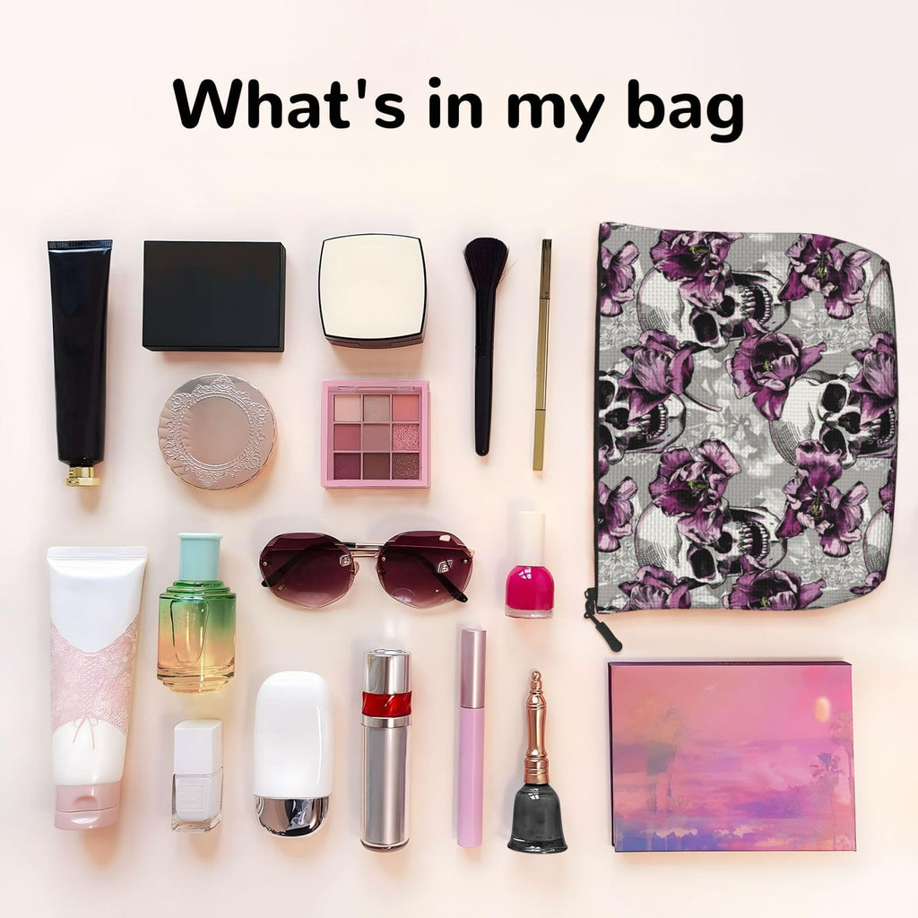 MOLAIGIN Skull Purple Flower Cosmetic Bag For Women, Travel Makeup Bag, Toiletry Zipper Bag, Large Capacity Aesthetic Cases