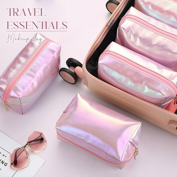 Sanwuta 9 Pcs Makeup Bags Bulk Bridesmaid Proposal Gifts Cosmetic Bags Preppy PU Leather Double Zipper Toiletry Pouch Portable Travel Organizer Case for Women Bachelorette Gift(Laser Pink)