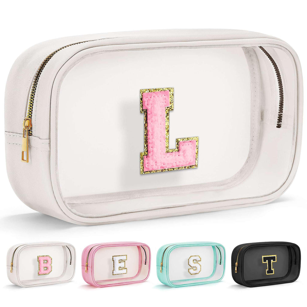YOOLIFE Initial Makeup Bag Travel Toiletry Bag Clear Makeup Bag Preppy Cosmetic Bag Gifts for Girls Kids Graduation Gifts Birthday Gifts for Girls Kids Birthday Gifts Swim Gifts White L