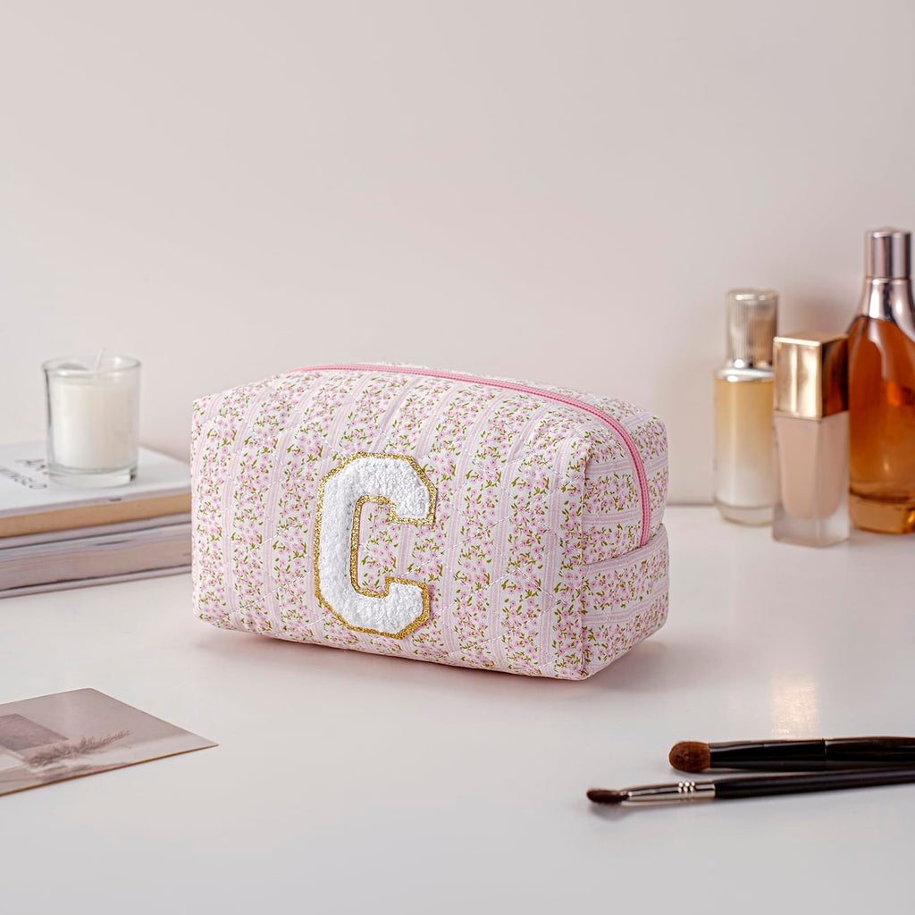 JOVAKIT Makeup Bag Cosmetic Bags for Women, Christmas Gifts for Girls Age 6-18, Alphabet Pink Floral Coquette Zipper Travel Makeup Pouch, Organizer Case Trendy Stuff (Pink+ Blue C)