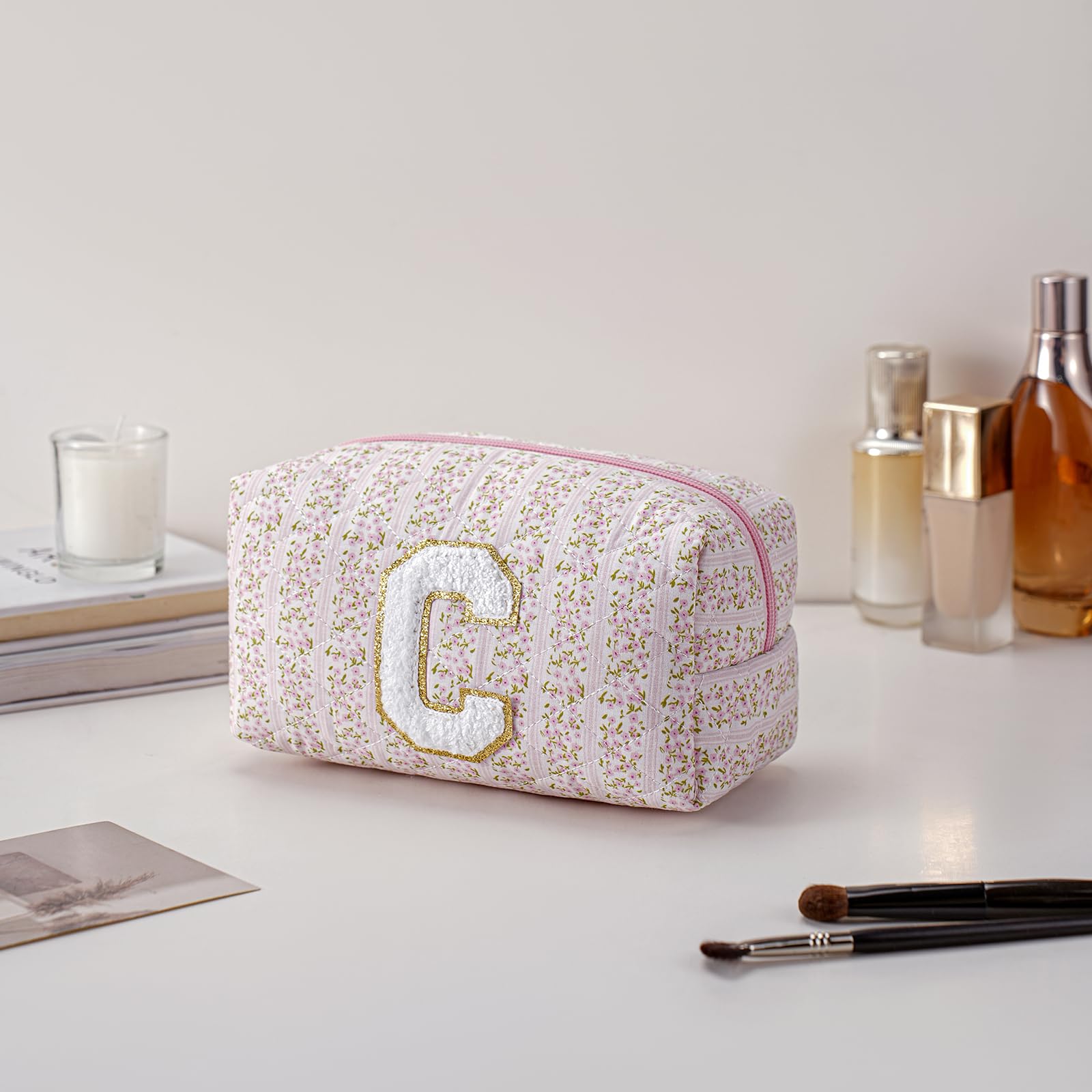 JOVAKIT Makeup Bag Cosmetic Bags for Women, Christmas Gifts for Girls Age 6-18, Alphabet Pink Floral Coquette Zipper Travel Makeup Pouch, Organizer Case Trendy Stuff (Pink+ Blue C)