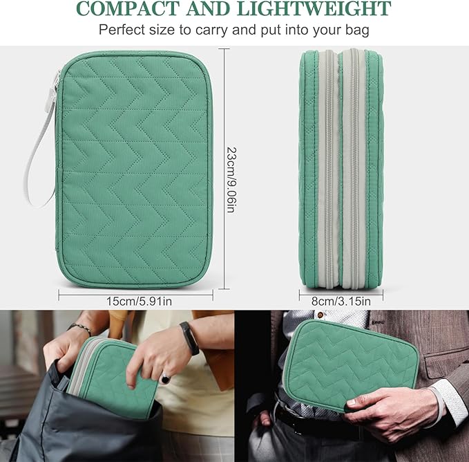 FYY Electronic Organizer, Travel Tech Pouch Bag, Large, Green Quilted
