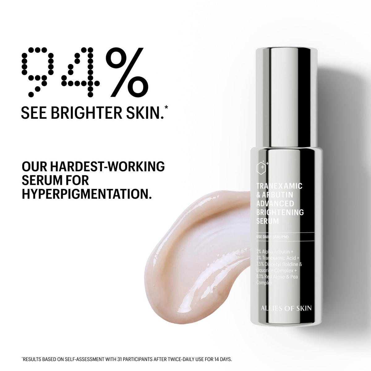 Allies of Skin Tranexamic & Arbutin Advanced Brightening Serum | Lightweight Daily Serum with Peptides | 3% Tranexamic Acid, Helps Revive Tired Complexions | 1.6 fl oz