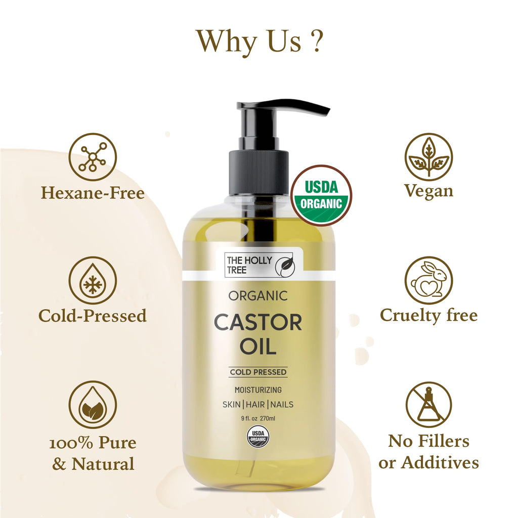 THE HOLLY TREE Organic Castor Oil - Cold Pressed 9 fl oz - 100% Pure & Hexane Free - Castor Oil for Hair Growth - Moisturizing & Nourishing - for Face & Body