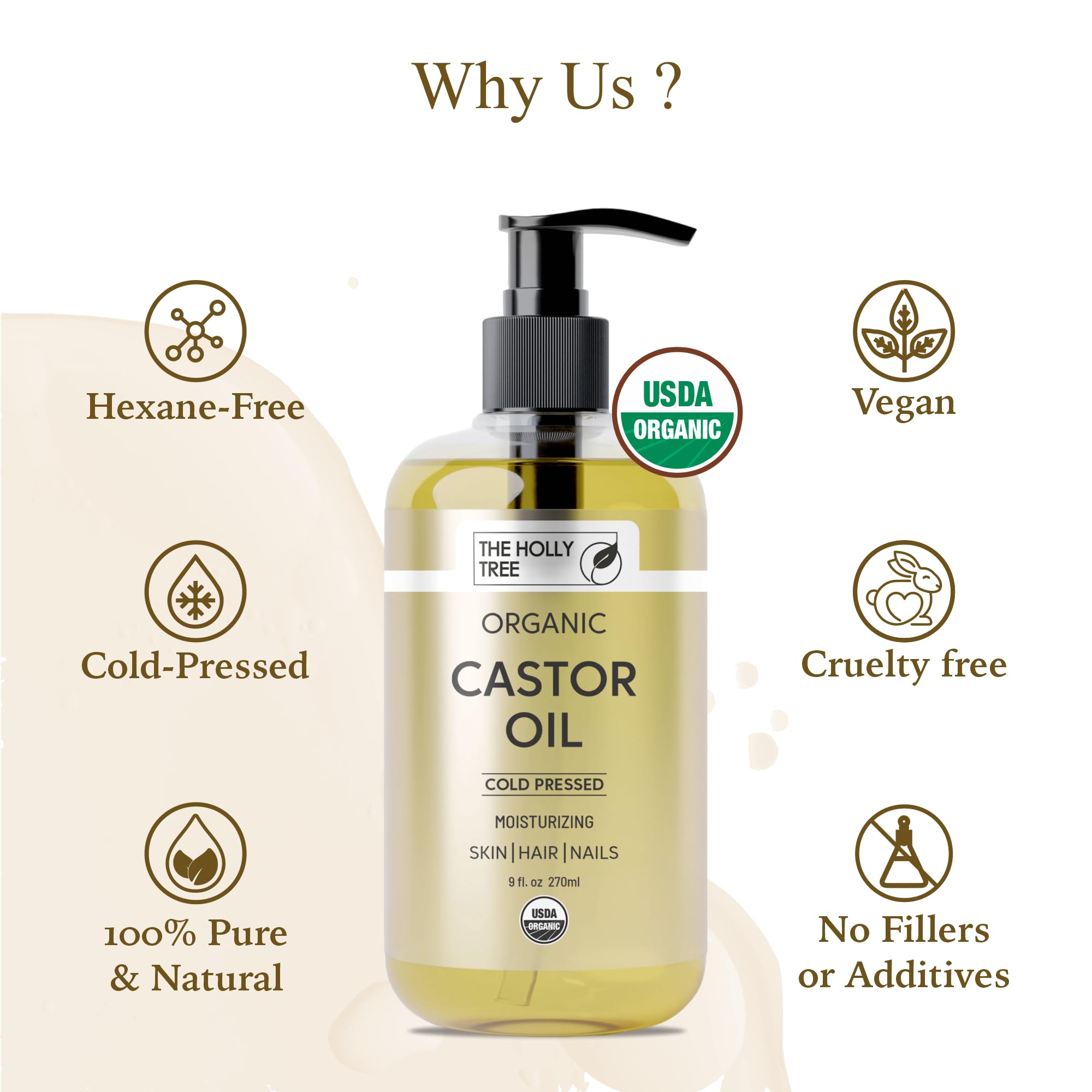 THE HOLLY TREE Organic Castor Oil - Cold Pressed 9 fl oz - 100% Pure & Hexane Free - Castor Oil for Hair Growth - Moisturizing & Nourishing - for Face & Body