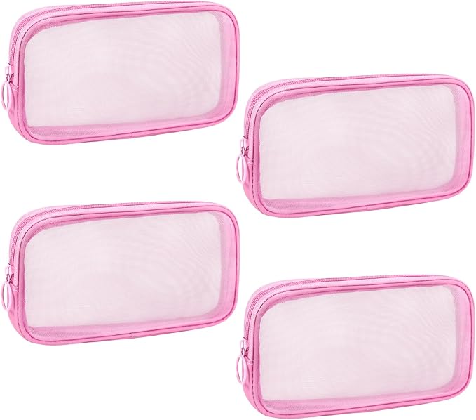 Sinzip 4 Pieces Mini Zipper Nylon Mesh Pouch, Mesh Cosmetic Bags Makeup Bags, Multipurpose Travel Toiletry Bags for Office Supplies and Travel Accessories (Pink, M)