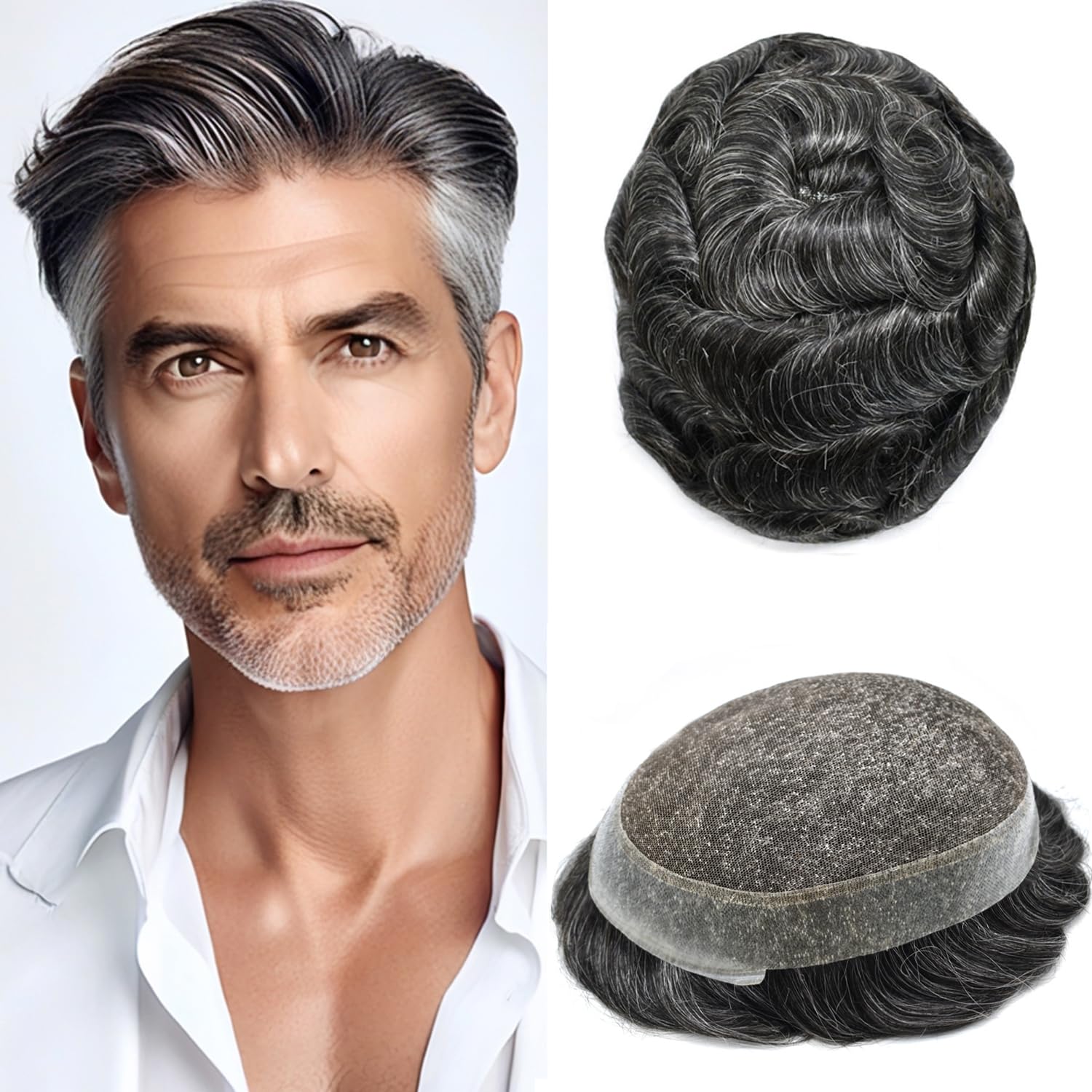 FACE MIRACLE Toupee for Men French Lace Hairpiece Human Hair Replacement System Skin PU Mens Toupee Hair Wigs for Man V-Looped Front Hair Prosthesis 6"X8" 4# MEDIUM BROWN — 8X10
