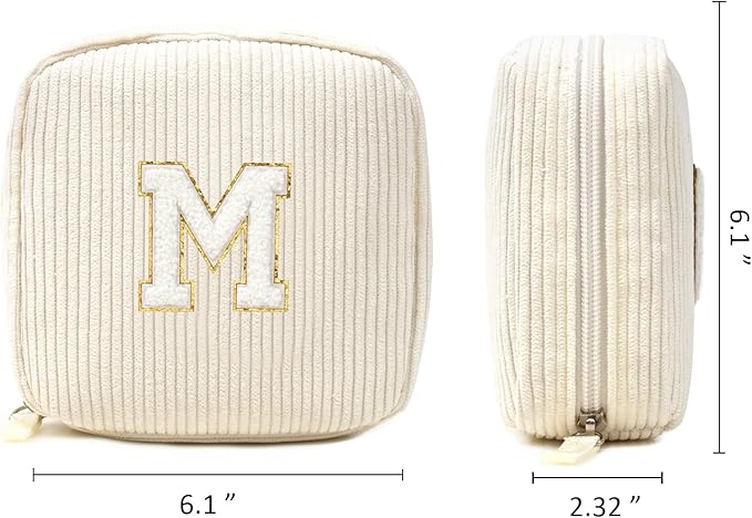 Cute Makeup Bag for Women - Monogram Personalized Initial Makeup Bags Cosmetic Pouch Make Up Case for Women Her Best Friend Friendship Sister Teacher, Easter Gifts for Kids (Letter M, Beige)