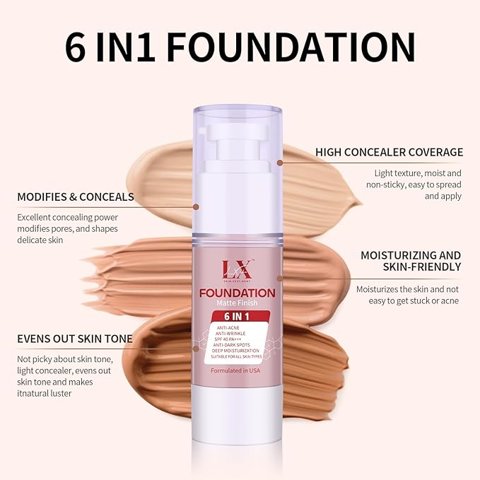 LXSKN 6-in-1 Makeup Infused with 1% Hyaluronic Acid- Matte + Poreless Liquid Foundation For A Glowing & Soft-Focus Look, Suitable for All Skin Types (301 Medium, Moisturizing Foundation)