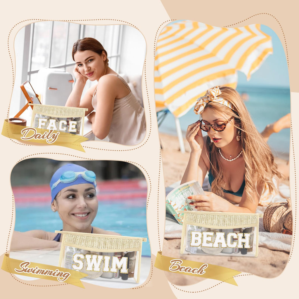 Small Boho Straw Clear Beach Makeup Bags for Women&Girls, Zipper Cosmetic Bag Chenille Varsity Letter Patch Bag, Preppy Cute Toiletry Pouch, Trendy Organizer Storage Bag for Beach Travel Essentials