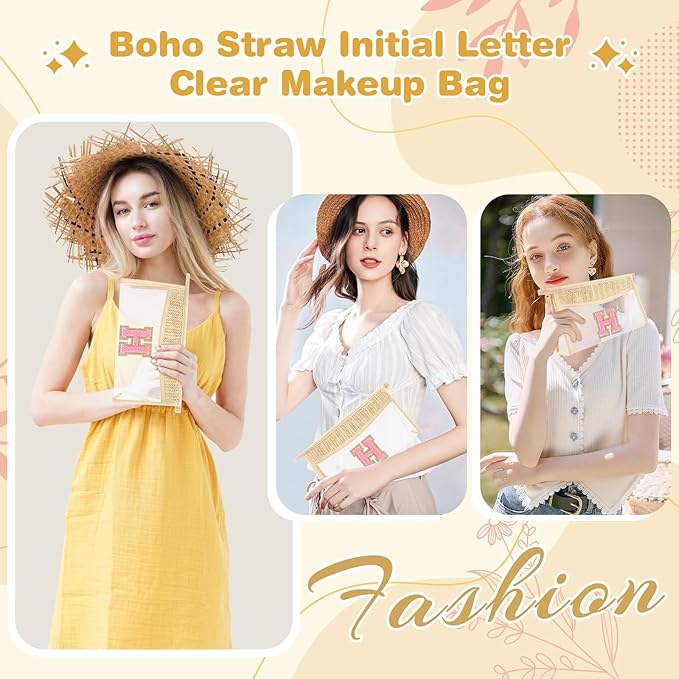 Small Boho Straw Initial Letter Makeup Bag Personalized Gift,Cute Clear Chenille Patch Makeup Bag With Zipper,Trendy TSA Approved Travel Toiletry Bag,Gift for Women Girls Birthday Friend, Letter H