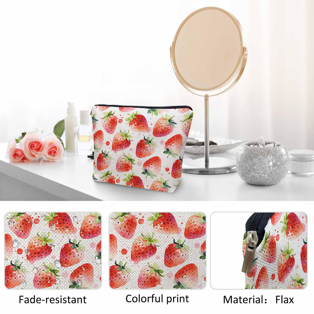 Kalygon Strawberry Cosmetic Travel Bag For Toiletries, Summer Fruits Strawberry Red Makeup Bag Toiletry Bags For Women, Flax Cosmetic Bags Make Up Bag Purse Toiletries Bag Birthday Gift