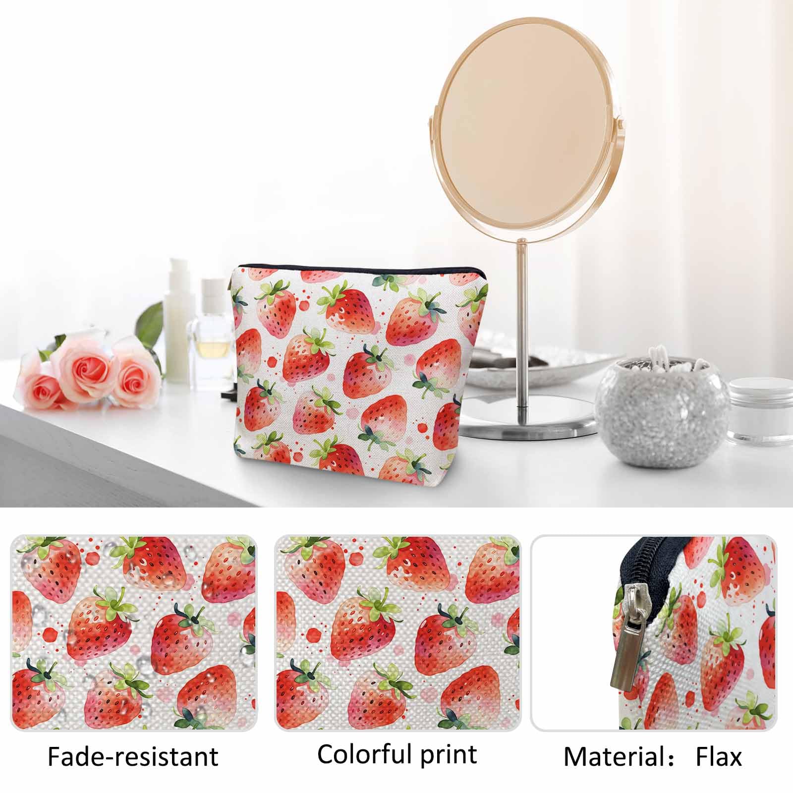 Kalygon Strawberry Cosmetic Travel Bag For Toiletries, Summer Fruits Strawberry Red Makeup Bag Toiletry Bags For Women, Flax Cosmetic Bags Make Up Bag Purse Toiletries Bag Birthday Gift