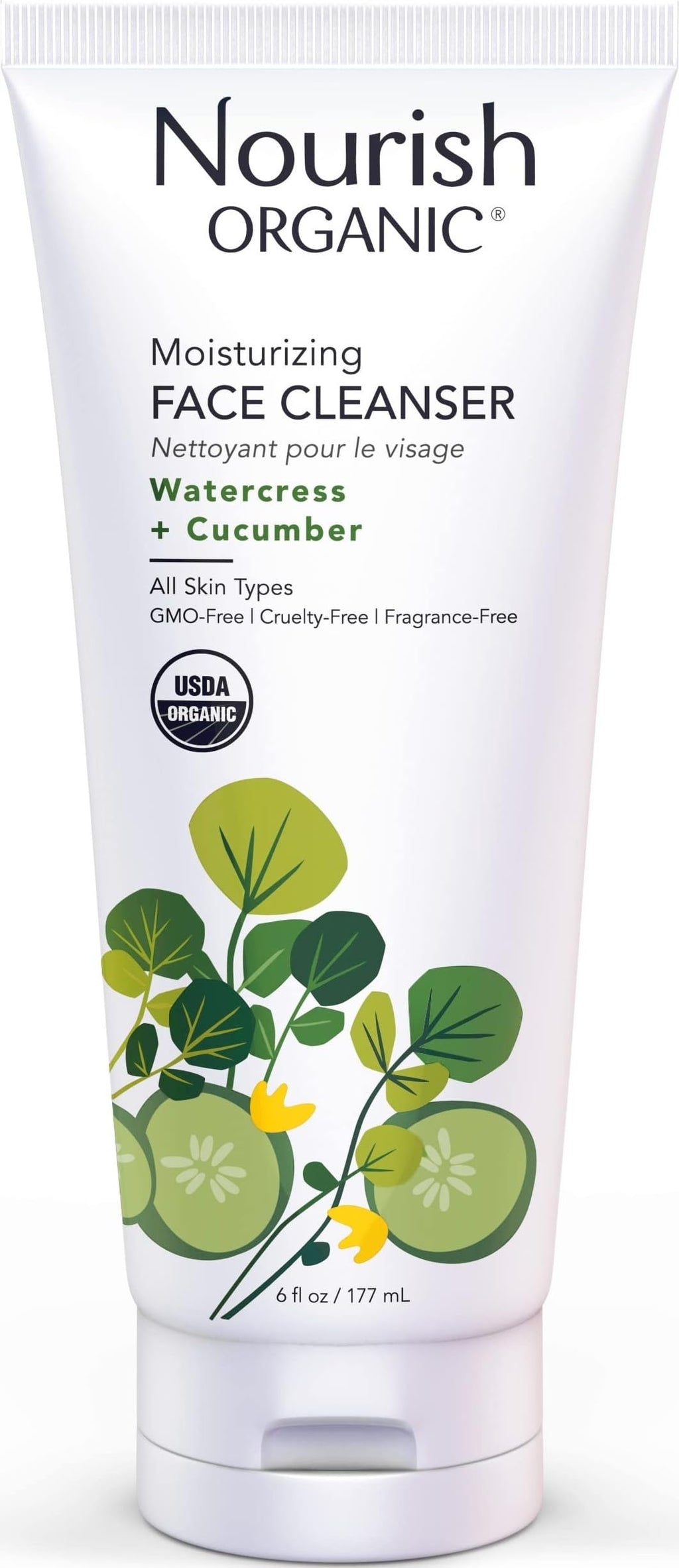 Nourish Organic Moisturizing Face Cleanser for All Skin Types, Watercress + Cucumber Face Wash, Fragrance-Free (6 Oz) + Washable Cotton Round