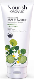 Nourish Organic Moisturizing Face Cleanser for All Skin Types, Watercress + Cucumber Face Wash, Fragrance-Free (6 Oz) + Washable Cotton Round