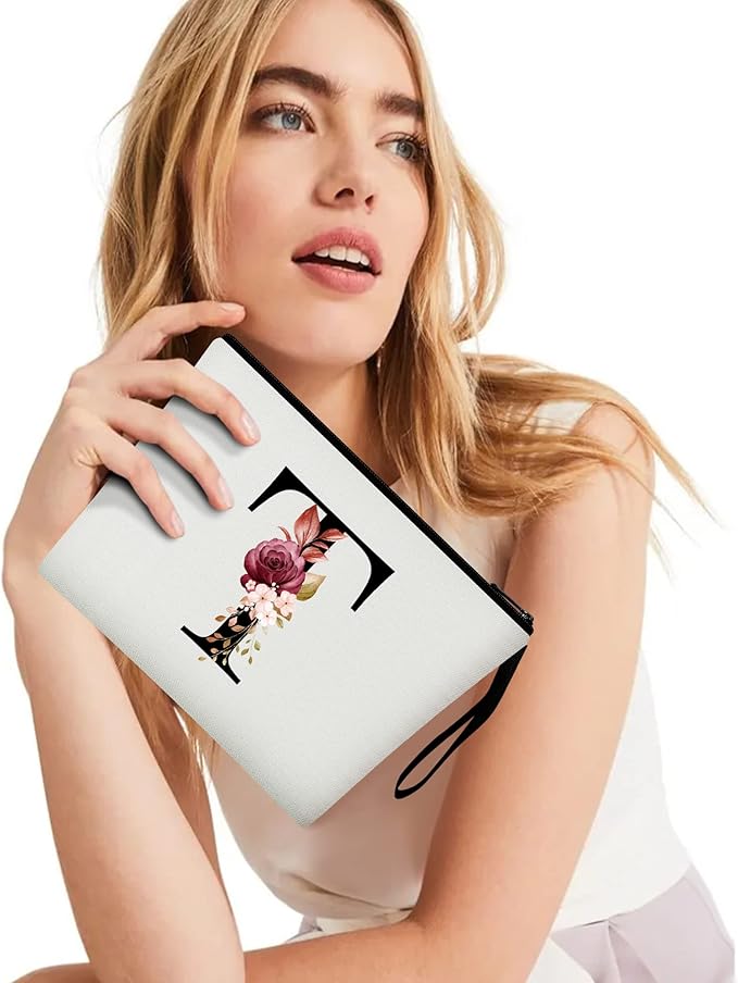 Vavabox A-Z Personalized Makeup Bag, Birthday Gifts for Women Mom, Gifts for Best Friend, Bride Bridesmaid Cosmetic bag (T, 01-White)