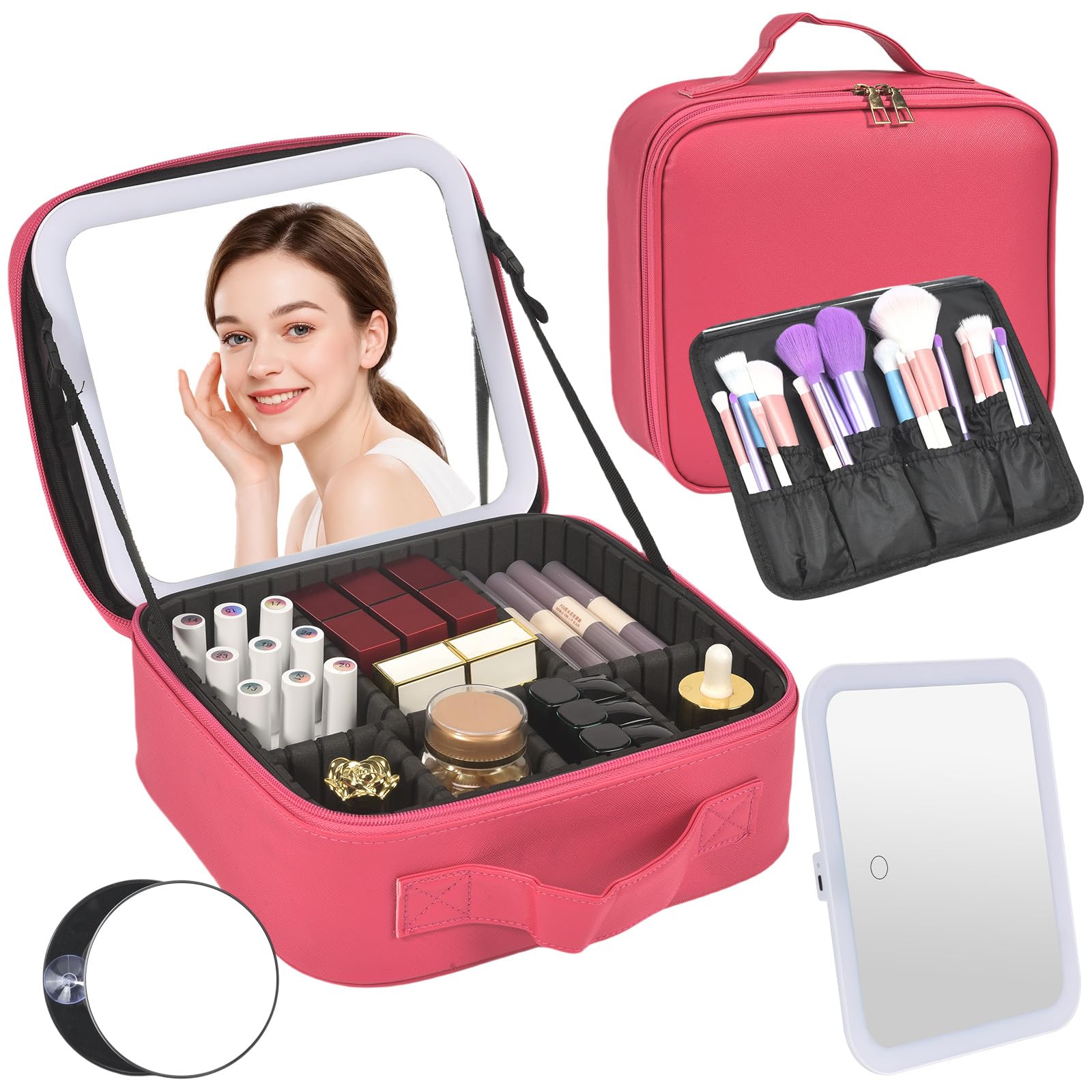 Yaliang Travel Makeup Bag, Portable Makeup Case with LED Mirror, Removable Mirror with 3 Color Modes, 8 Adjustable EVA Dividers for Brushes Toiletry Jewelry Digital Accessories, Barbie Pink