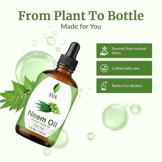 SVA Neem Seed Oil 4 Fl Oz - for Face, Skin Care, Hair Care, Scalp Massage & Body Massage – Carrier Oil with Dropper