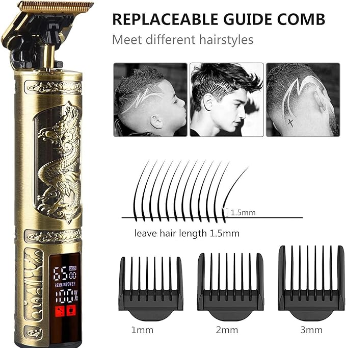Hilandkom Hair Clippers for Mens Cordless Hair Trimmer T-Blade Trimmer Professional Haircut & Grooming Kit Rechargeable Edgers Clippers Hair Trimmer Shaver Cutting Kit with LCD Display (Led-Dragon)