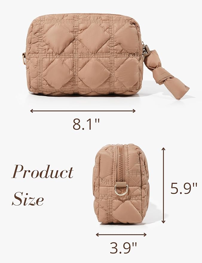 Yarnic Quilted Makeup Bag Cosmetic Bag, Travel Toiletry Bag for Women, Cute Makeup Bag Organizer Puffer Makeup Pouch (M, Khaki)