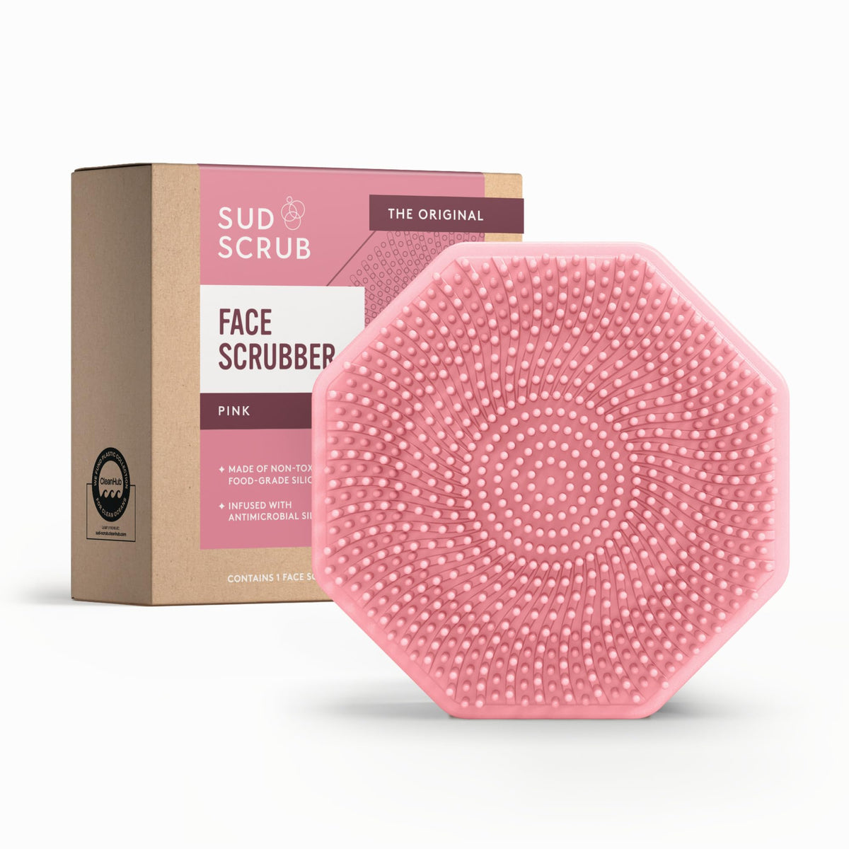 Sud Scrub® Antimicrobial Silicone Face Scrubber, 1 Pack, Gentle Face Exfoliator for Sensitive Skin, Eco Friendly Facial Cleansing Brush, Exfoliating Face Brush for Men and Women (Pink)