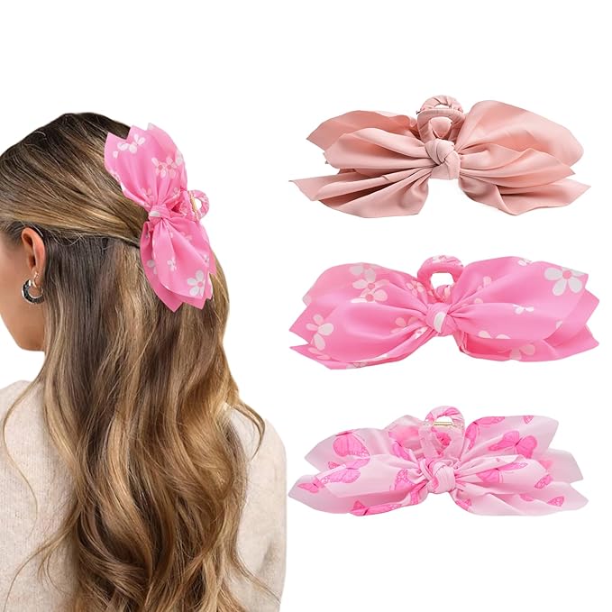 Hadutrek Bow Claw Clips Bow Hair Clips Pink 3PCS Big Hair Bows for Women Butterfly Styling Large Hair Clips for Thick Hair for Girls Hair Accessories for Women