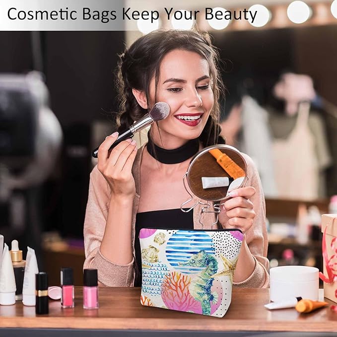 Kalygon Makeup Bag Seahorse Makeup Bags For Purse Pouch, Sea Animal Coral Reef Seashell Seahorses Travel Toiletry Bag Cosmetic Bag Makeup Bags Flax Makeup Organizer Bag Pencil Pouch For Man Woman