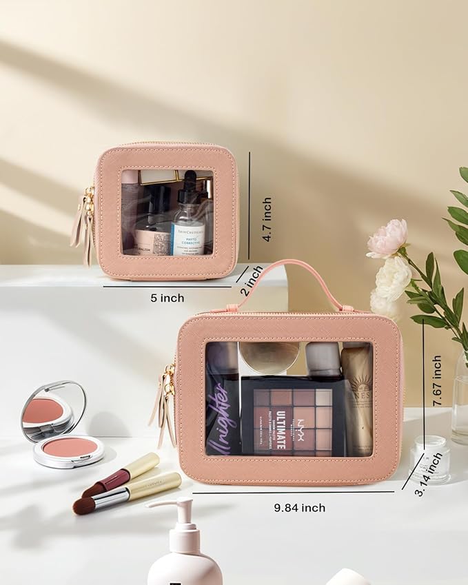 2Pcs Travel Clear Makeup Bag, Pink Mahjong Tile Bag Cosmetic Case with Zipper Portable Makeup Pouch Toiletry Bag Women Traveling Cosmetic Organizer Storage Bag Car Organizer Car Essentials for Women