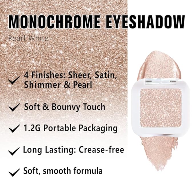FeiCuiYun Glitter Singe Eye Shadow Palette Makeup, Pearl White Glitter Monochrome Eyeshadow For Older Women, Mini Pressed Pigmented Waterproof Sombras Para Ojos, Vegan, Talc, Paraben & Cruelty Free