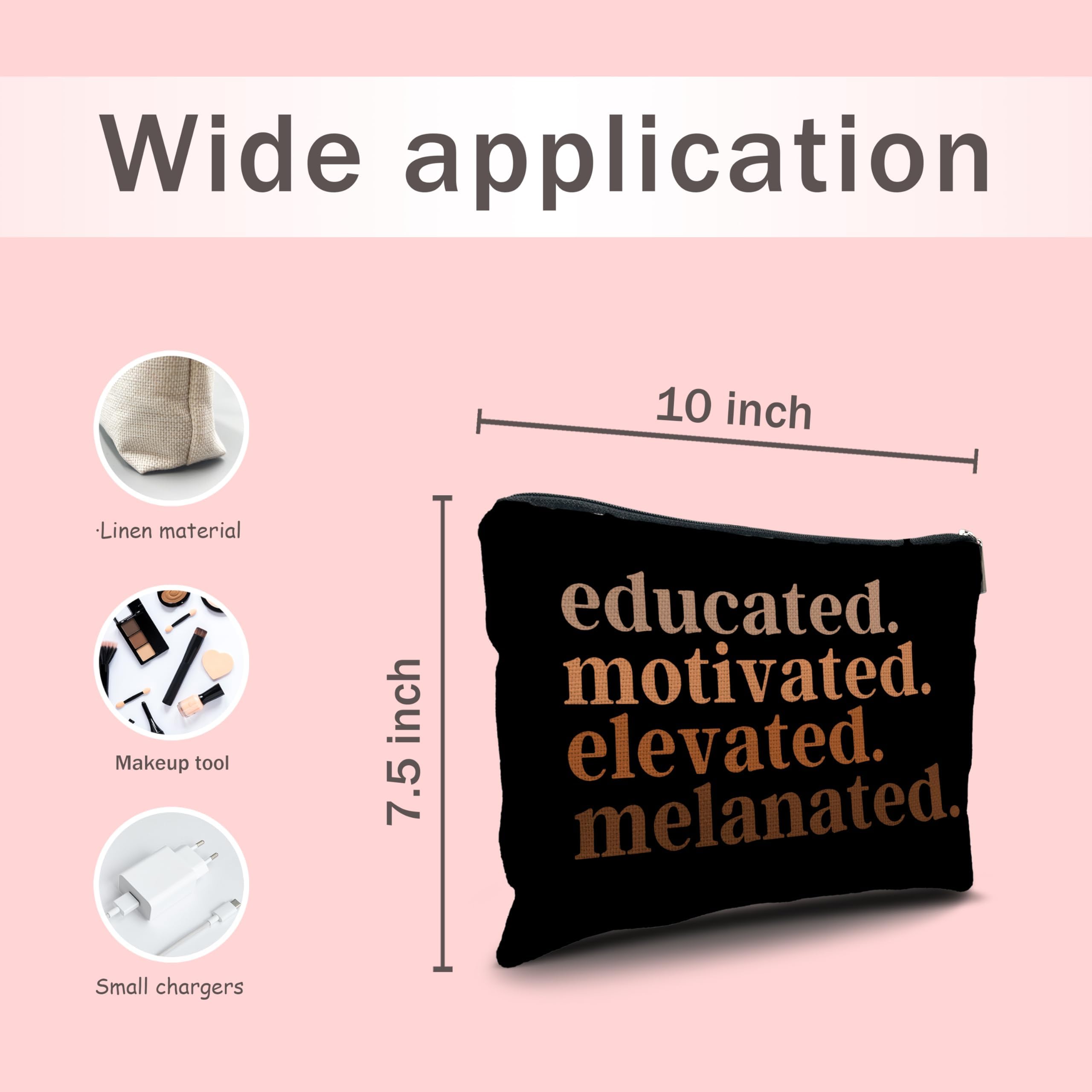 Nogrit African American Gifts,Black Women Gifts,Educated Motivated Elevated Melanated,Black Women Makeup Bag Cosmetic Bag, Melanin Makeup Travel Toiletry Bag,gifts for African American women/black